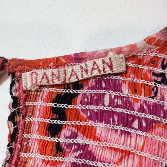 Banjanan Printed Mini Dress Flutter Sleeve Tassel Trim Floral Pink Red Large Boh - Picture 6 of 16